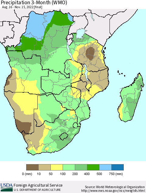 Southern Africa Precipitation 3-Month (WMO) Thematic Map For 8/16/2022 - 11/15/2022
