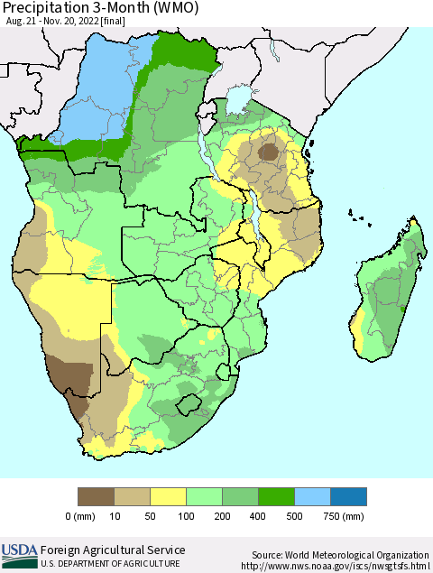 Southern Africa Precipitation 3-Month (WMO) Thematic Map For 8/21/2022 - 11/20/2022