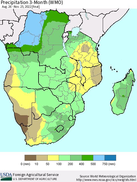 Southern Africa Precipitation 3-Month (WMO) Thematic Map For 8/26/2022 - 11/25/2022
