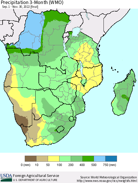 Southern Africa Precipitation 3-Month (WMO) Thematic Map For 9/1/2022 - 11/30/2022