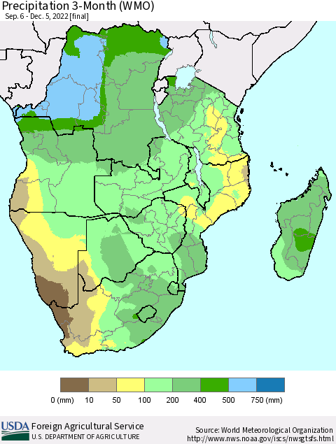 Southern Africa Precipitation 3-Month (WMO) Thematic Map For 9/6/2022 - 12/5/2022