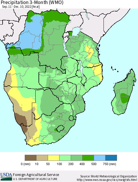Southern Africa Precipitation 3-Month (WMO) Thematic Map For 9/11/2022 - 12/10/2022