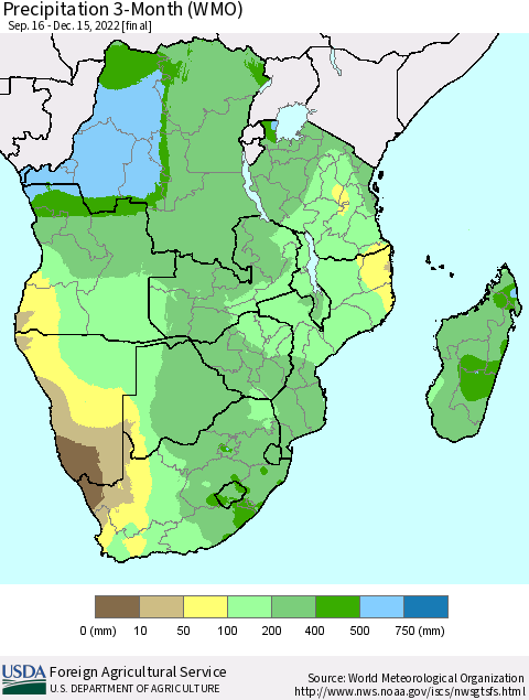 Southern Africa Precipitation 3-Month (WMO) Thematic Map For 9/16/2022 - 12/15/2022