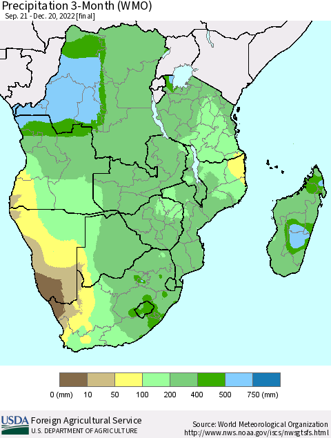 Southern Africa Precipitation 3-Month (WMO) Thematic Map For 9/21/2022 - 12/20/2022