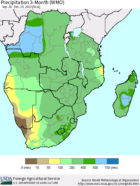 Southern Africa Precipitation 3-Month (WMO) Thematic Map For 9/26/2022 - 12/25/2022