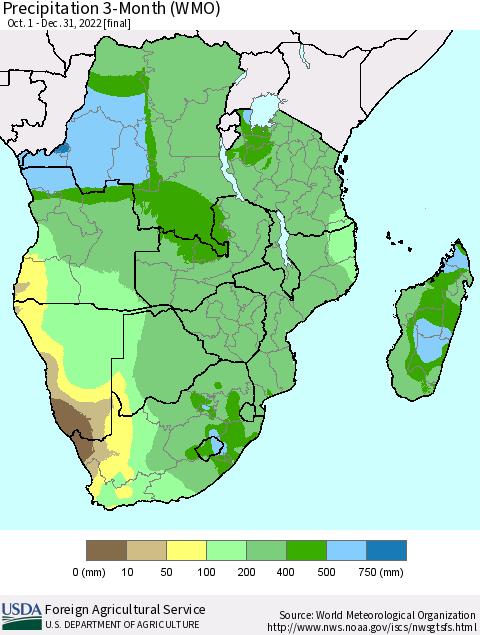 Southern Africa Precipitation 3-Month (WMO) Thematic Map For 10/1/2022 - 12/31/2022