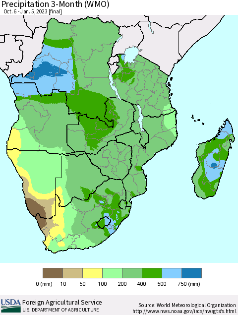 Southern Africa Precipitation 3-Month (WMO) Thematic Map For 10/6/2022 - 1/5/2023