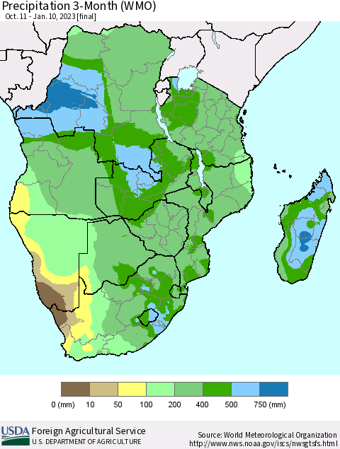 Southern Africa Precipitation 3-Month (WMO) Thematic Map For 10/11/2022 - 1/10/2023