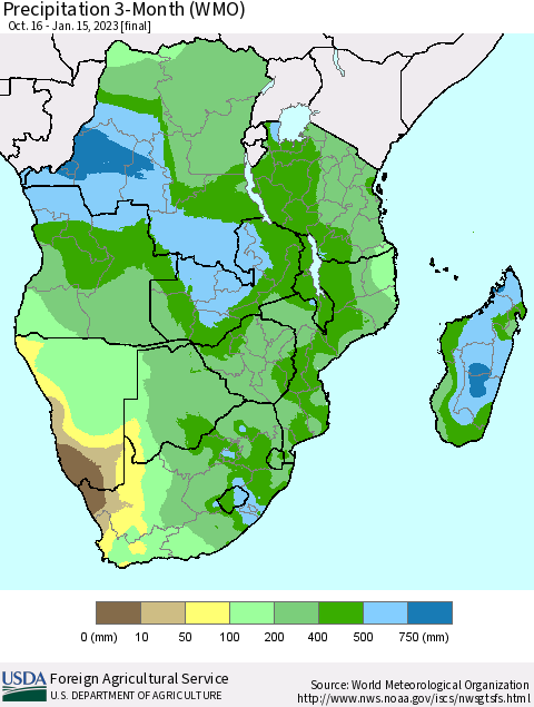 Southern Africa Precipitation 3-Month (WMO) Thematic Map For 10/16/2022 - 1/15/2023