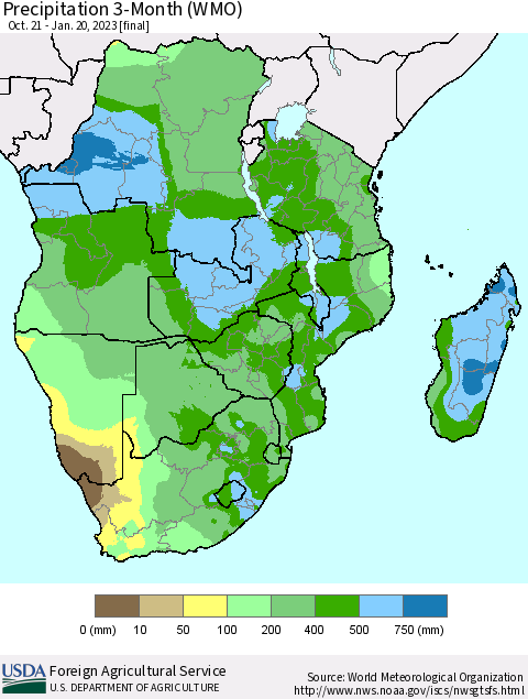 Southern Africa Precipitation 3-Month (WMO) Thematic Map For 10/21/2022 - 1/20/2023