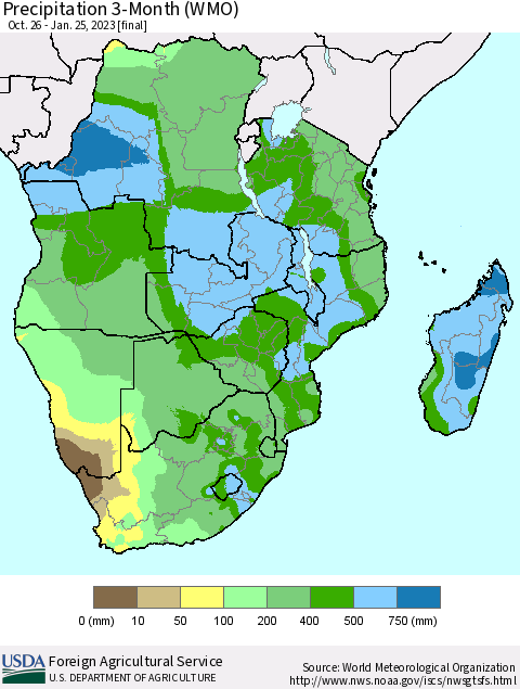 Southern Africa Precipitation 3-Month (WMO) Thematic Map For 10/26/2022 - 1/25/2023