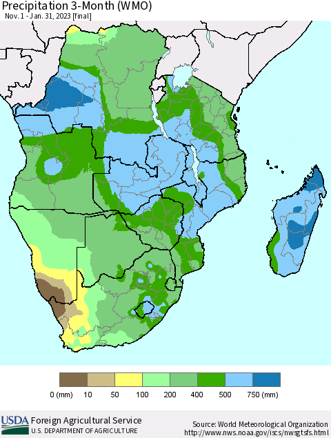 Southern Africa Precipitation 3-Month (WMO) Thematic Map For 11/1/2022 - 1/31/2023