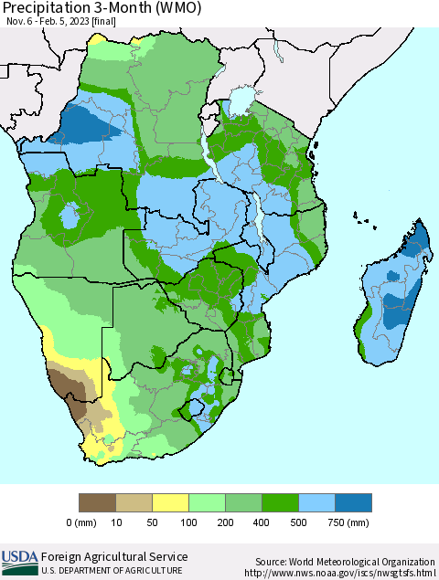 Southern Africa Precipitation 3-Month (WMO) Thematic Map For 11/6/2022 - 2/5/2023