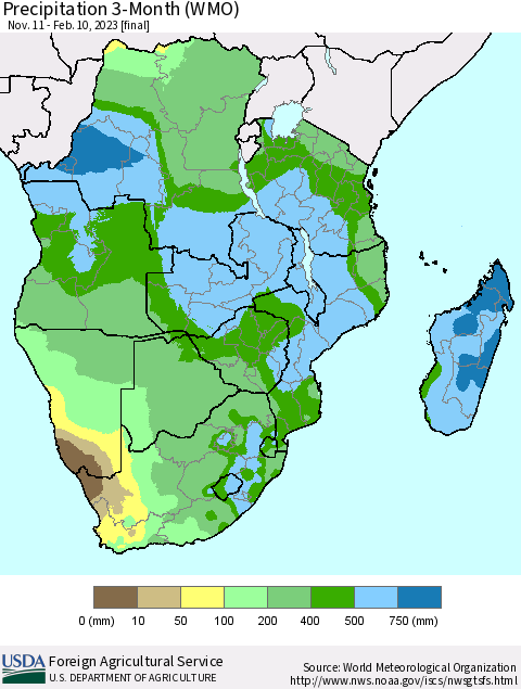 Southern Africa Precipitation 3-Month (WMO) Thematic Map For 11/11/2022 - 2/10/2023