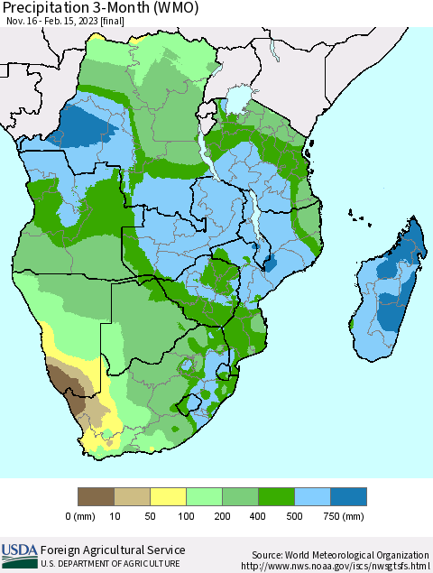 Southern Africa Precipitation 3-Month (WMO) Thematic Map For 11/16/2022 - 2/15/2023