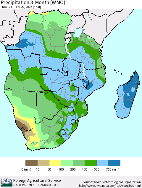 Southern Africa Precipitation 3-Month (WMO) Thematic Map For 11/21/2022 - 2/20/2023