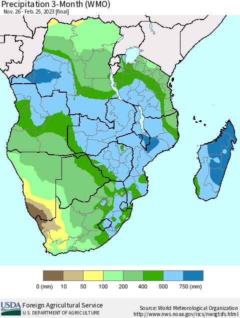 Southern Africa Precipitation 3-Month (WMO) Thematic Map For 11/26/2022 - 2/25/2023