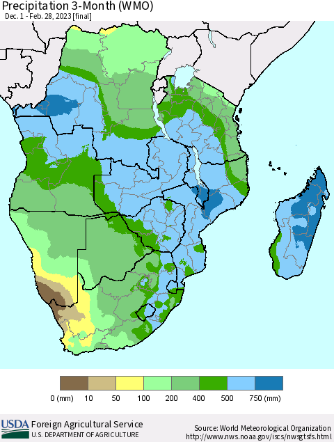 Southern Africa Precipitation 3-Month (WMO) Thematic Map For 12/1/2022 - 2/28/2023