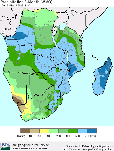 Southern Africa Precipitation 3-Month (WMO) Thematic Map For 12/6/2022 - 3/5/2023