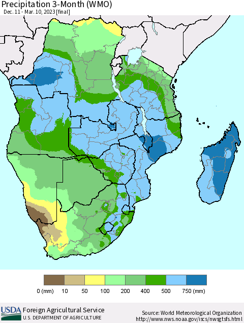 Southern Africa Precipitation 3-Month (WMO) Thematic Map For 12/11/2022 - 3/10/2023