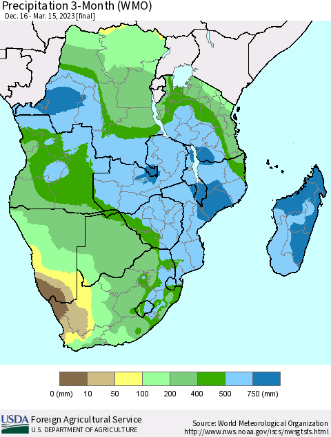 Southern Africa Precipitation 3-Month (WMO) Thematic Map For 12/16/2022 - 3/15/2023