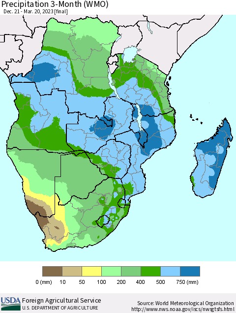 Southern Africa Precipitation 3-Month (WMO) Thematic Map For 12/21/2022 - 3/20/2023