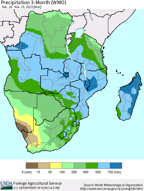 Southern Africa Precipitation 3-Month (WMO) Thematic Map For 12/26/2022 - 3/25/2023