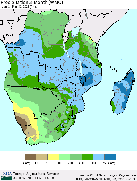 Southern Africa Precipitation 3-Month (WMO) Thematic Map For 1/1/2023 - 3/31/2023