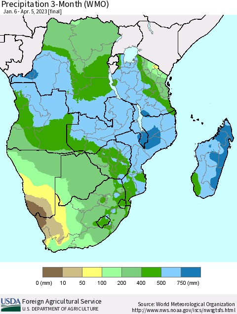 Southern Africa Precipitation 3-Month (WMO) Thematic Map For 1/6/2023 - 4/5/2023