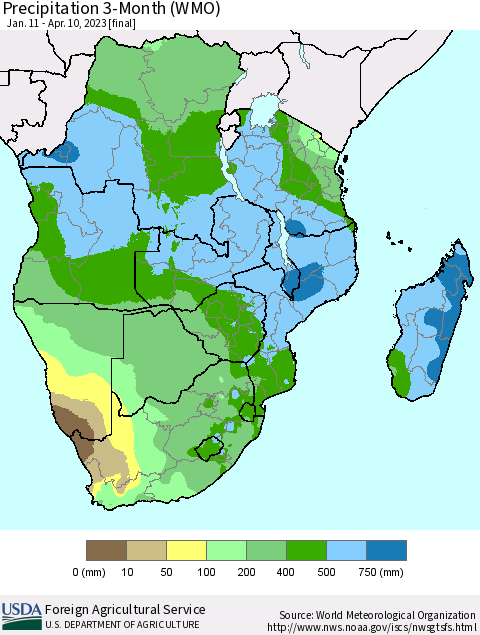 Southern Africa Precipitation 3-Month (WMO) Thematic Map For 1/11/2023 - 4/10/2023