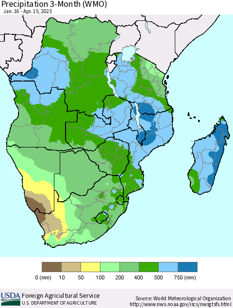 Southern Africa Precipitation 3-Month (WMO) Thematic Map For 1/16/2023 - 4/15/2023