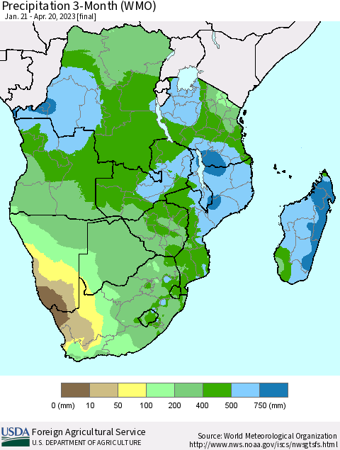 Southern Africa Precipitation 3-Month (WMO) Thematic Map For 1/21/2023 - 4/20/2023