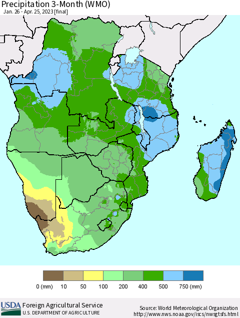 Southern Africa Precipitation 3-Month (WMO) Thematic Map For 1/26/2023 - 4/25/2023