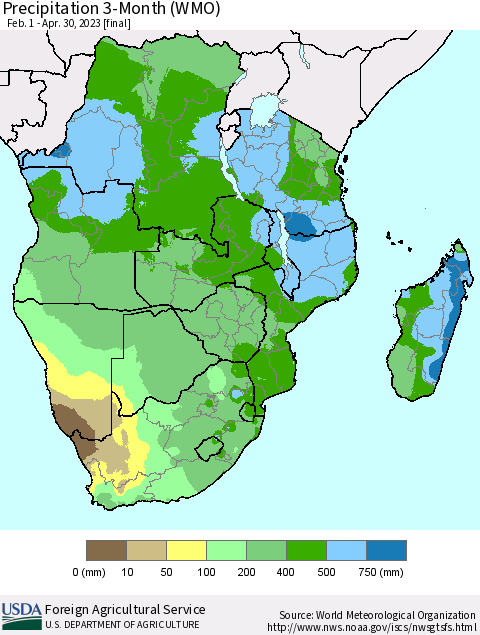 Southern Africa Precipitation 3-Month (WMO) Thematic Map For 2/1/2023 - 4/30/2023