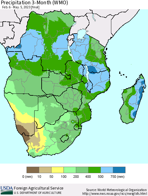 Southern Africa Precipitation 3-Month (WMO) Thematic Map For 2/6/2023 - 5/5/2023