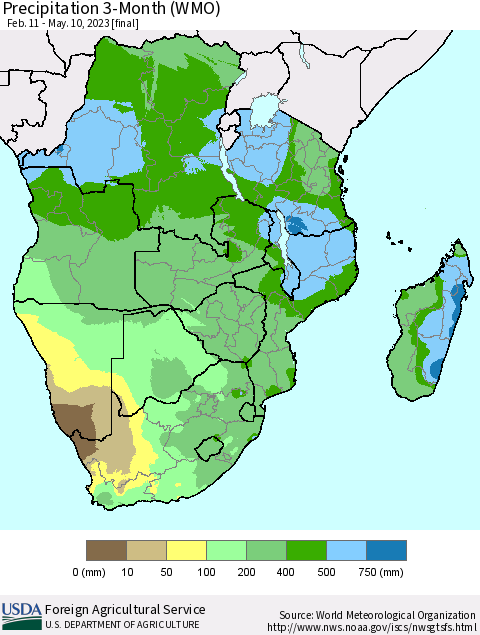 Southern Africa Precipitation 3-Month (WMO) Thematic Map For 2/11/2023 - 5/10/2023