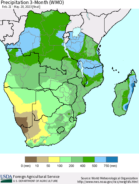 Southern Africa Precipitation 3-Month (WMO) Thematic Map For 2/21/2023 - 5/20/2023
