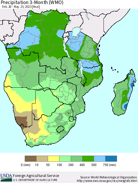 Southern Africa Precipitation 3-Month (WMO) Thematic Map For 2/26/2023 - 5/25/2023