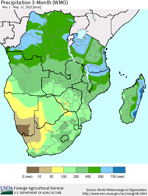 Southern Africa Precipitation 3-Month (WMO) Thematic Map For 3/1/2023 - 5/31/2023