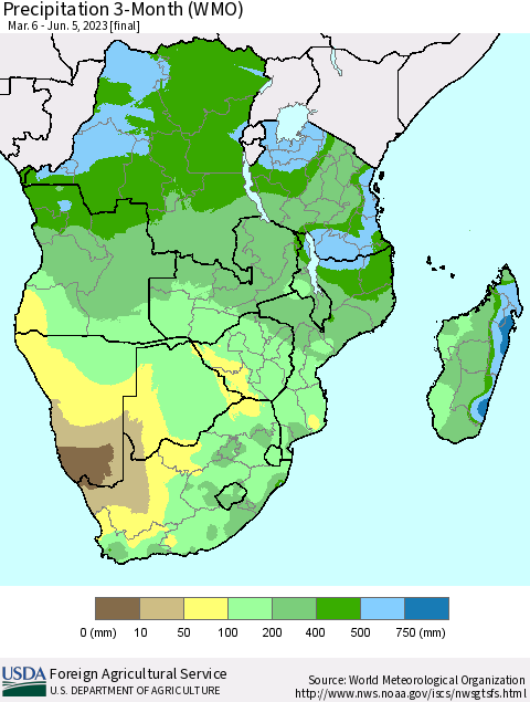 Southern Africa Precipitation 3-Month (WMO) Thematic Map For 3/6/2023 - 6/5/2023