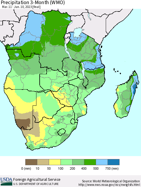 Southern Africa Precipitation 3-Month (WMO) Thematic Map For 3/11/2023 - 6/10/2023