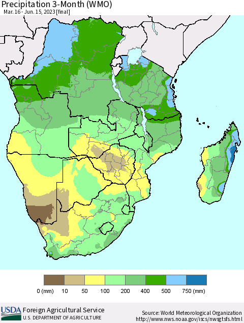 Southern Africa Precipitation 3-Month (WMO) Thematic Map For 3/16/2023 - 6/15/2023