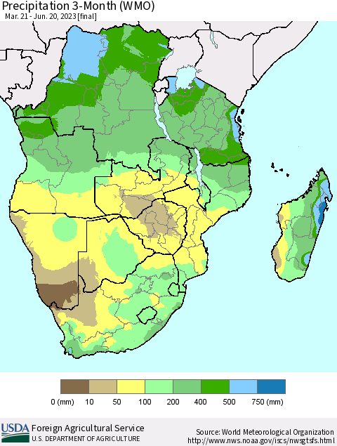 Southern Africa Precipitation 3-Month (WMO) Thematic Map For 3/21/2023 - 6/20/2023