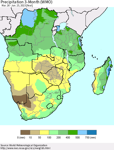Southern Africa Precipitation 3-Month (WMO) Thematic Map For 3/26/2023 - 6/25/2023