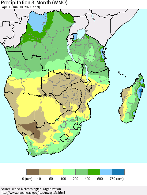 Southern Africa Precipitation 3-Month (WMO) Thematic Map For 4/1/2023 - 6/30/2023