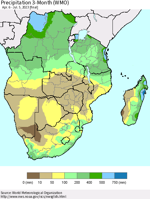 Southern Africa Precipitation 3-Month (WMO) Thematic Map For 4/6/2023 - 7/5/2023