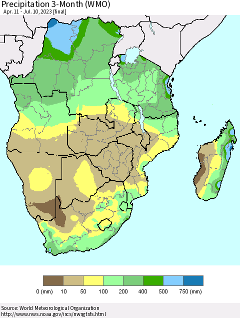 Southern Africa Precipitation 3-Month (WMO) Thematic Map For 4/11/2023 - 7/10/2023
