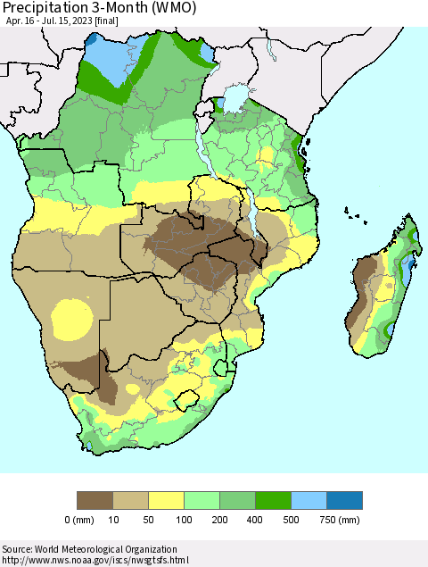 Southern Africa Precipitation 3-Month (WMO) Thematic Map For 4/16/2023 - 7/15/2023
