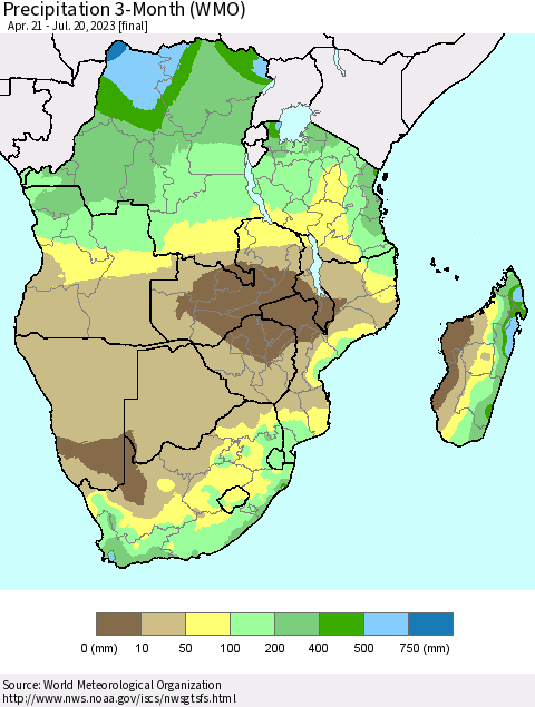 Southern Africa Precipitation 3-Month (WMO) Thematic Map For 4/21/2023 - 7/20/2023
