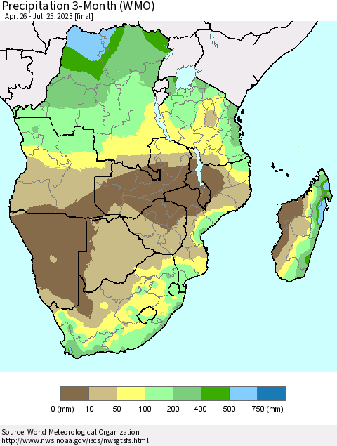 Southern Africa Precipitation 3-Month (WMO) Thematic Map For 4/26/2023 - 7/25/2023